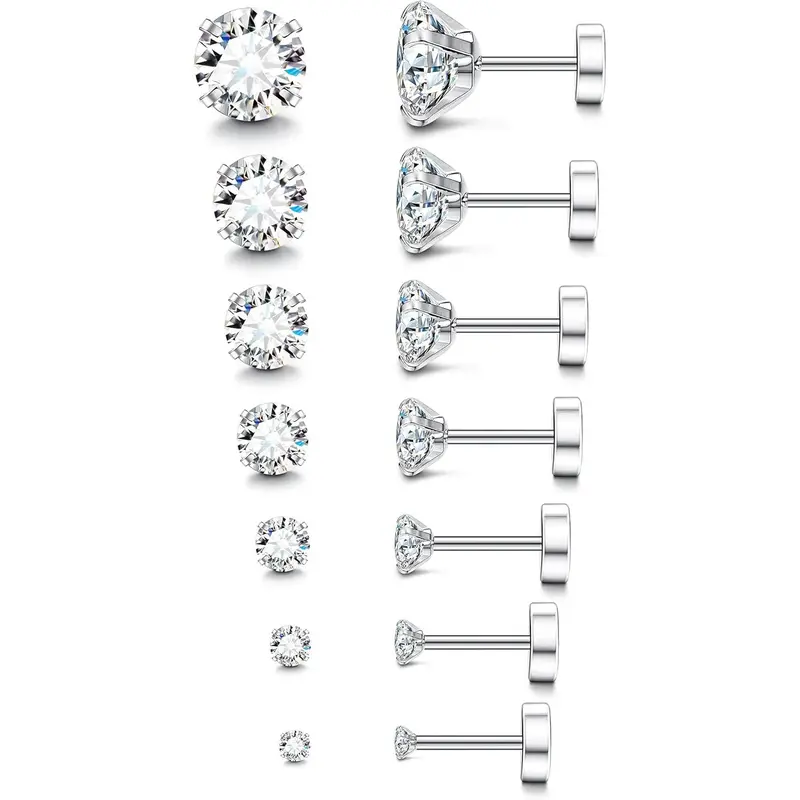 CASSIECA 20G Unisex Hypoallergenic Flat Back Fine Studs - Silver Surgical Stainless Steel Stud Earring Jewelry for Sensitive Ears, Women's Birthstone Cubic Zirconia Silver Earrings Sohochic