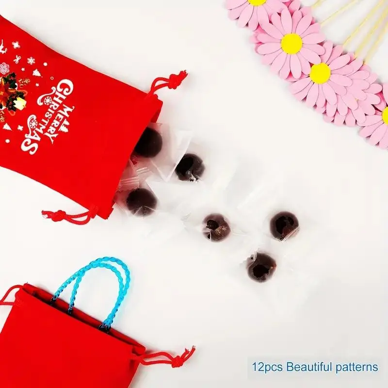 12 Piece Christmas Velvet Bags, Advent Calendar Gift Bags, Drawstring Pouches, Candy Jewelry Packaging, Commercial Use, Al-Adha Mubarak