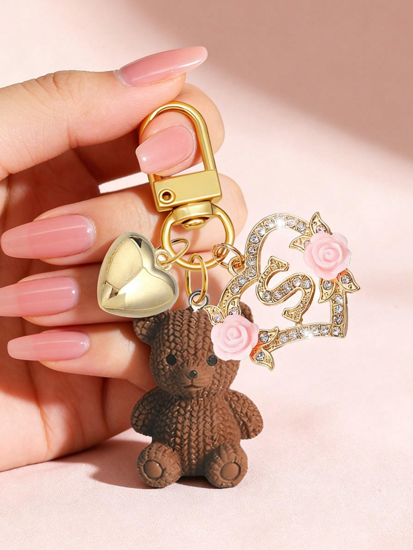 1 letter teddy bear keychain, hollow heart-shaped flower letter design, cute bear pendant charm suitable for handbags, wallets, backpacks, travel bags, Bag Charms, decorative keychain suitable for gym, classroom, games, Keychain Accessory