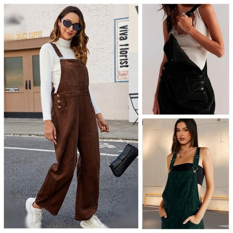 Adjustable Romper Jumpsuit with Pockets Women's Corduroy Overall Barrel Wide-Leg Bib Pants Fall/Winter Casual Cotton Minimalist Everyday Fit Soft Style Basic Brown Womenswear Fitted Sleeveless Strap Strappy