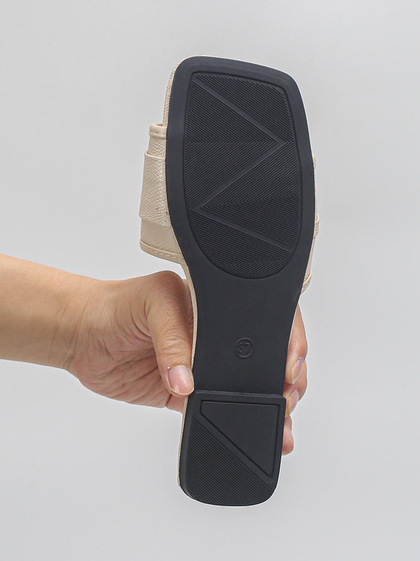 Women's Rhinestone Buckle Slide Sandals - Cream Textured Flat Mules with Square Toe