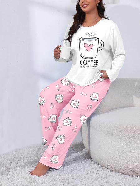 【Plus Size】 Two-piece Set Heart & Letter Print Tee & Pants Pajama, Casual Comfy Round Neck Long Sleeve T-shirt & Trousers Pajama Set, Women's Sleepwear for All Seasons