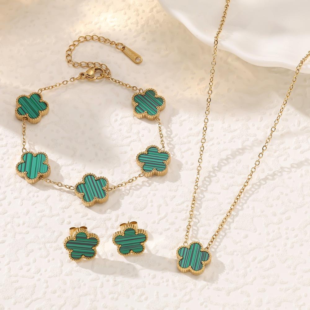 3Pcs Gold Plated Black Clover Jewelry Set, Dainty Enamel Quatrefoil Necklace Bracelet Earrings Combo, Fashion Jewelry Gift for Her