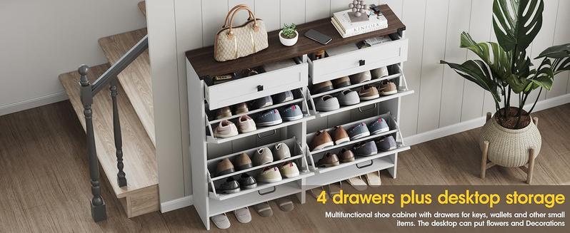 Vabches Shoe Cabinet with 4 Flip Drawers & 2 Drawers,Farmhouse Shoe Storage Cabinet for Entryway,Slim Freestanding Organizer Rack for Front Door Entrance