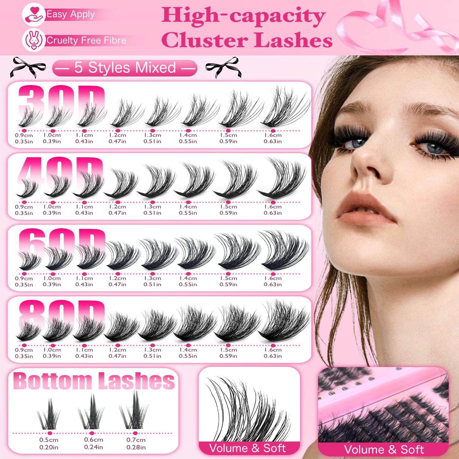 Lash Clusters Kit, Eyelash Clusters Lashes Natural, DIY Lash Extension Kit Self Adhesive False Eyelash,Eyelash Clusters Eyelash Bond Glue Remover Tweezers,False Eyelashes Kit, Eyelash Extensions Kit, Lashes Clusters Kit,30D 40D 60D 80D,D Curl Wide Band