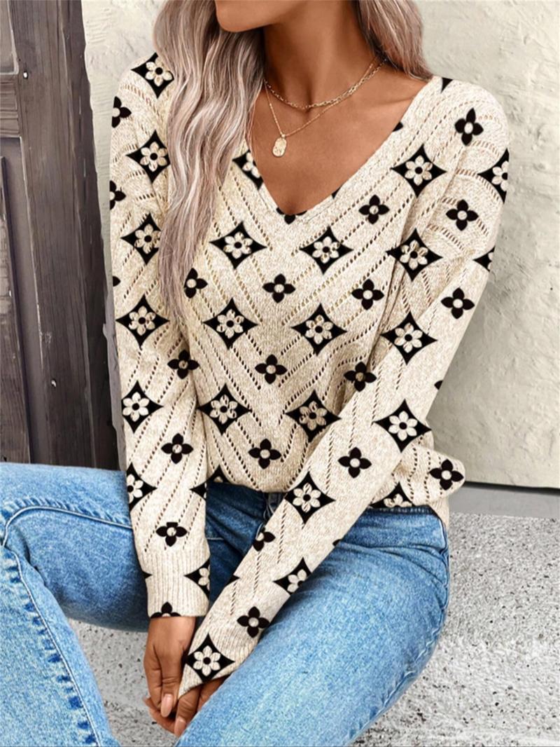 Women's Geometric Print Long Sleeve Knit Top, Casual Elegant Vacation Style Sweater, Loose V Neck, Comfortable Warm, Fall Winter