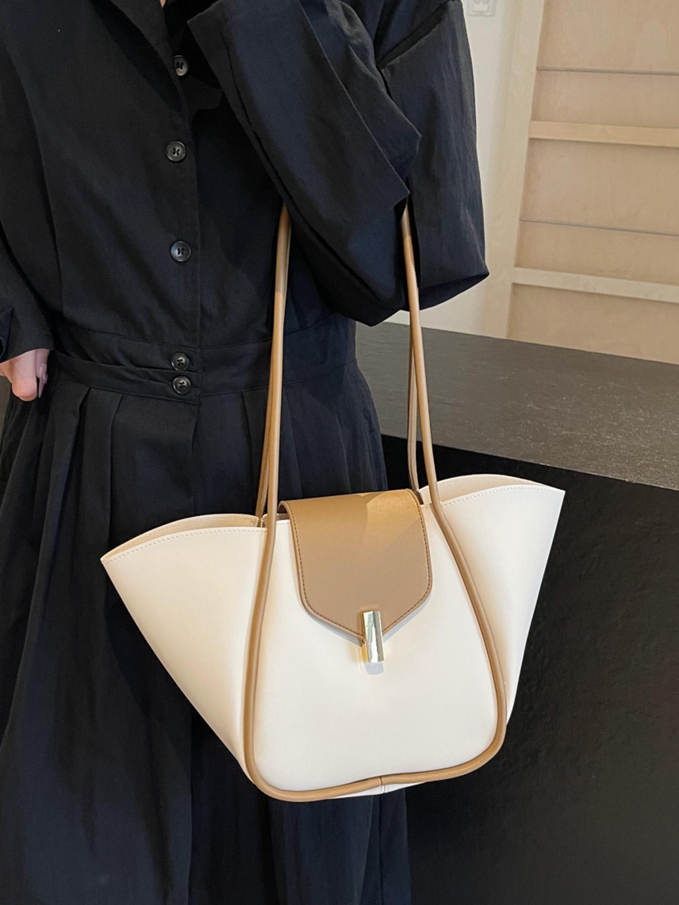 A niche and elegant shopping basket tote bag, a lock-button underarm bag, a simple solid color shoulder bag, a fashionable and textured shoulder commuter bag, a Casual Commuter Bag, suitable for daily matching, commuting and other scenarios