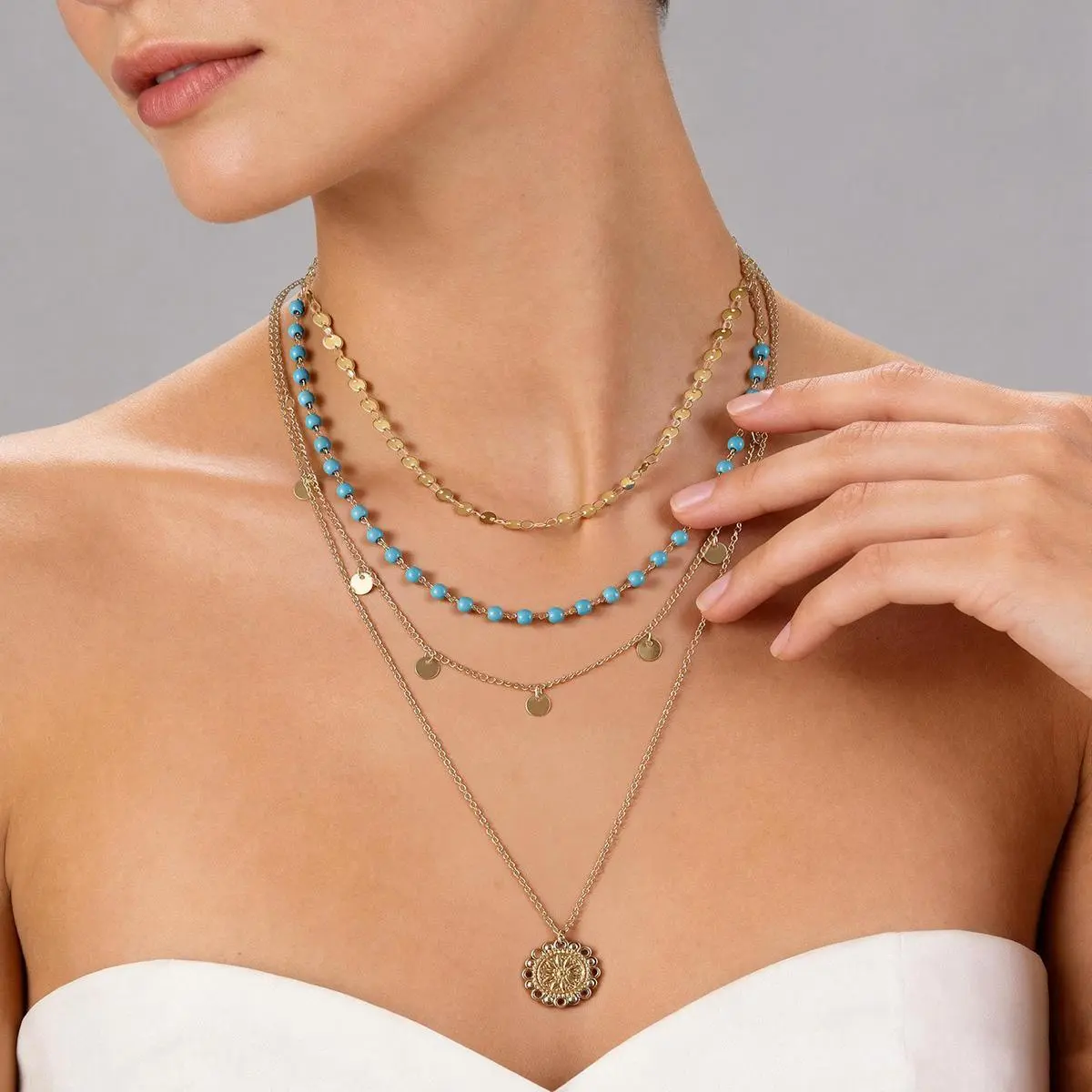 3Pcs Stackable Layered Necklace Set for Women, 304 Stainless Steel Adjustable Chain Retro Turquoise Beads with Exquisite Pendant, Tarnish Resistant Waterproof Fashion Jewelry