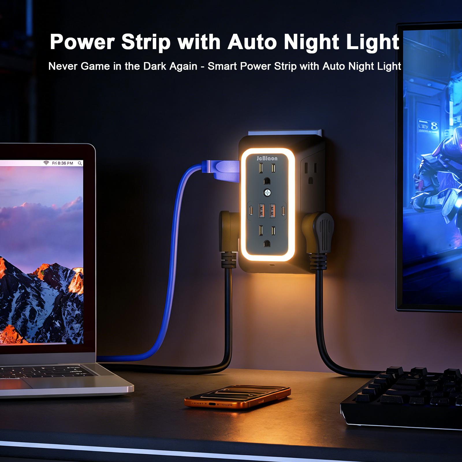 2 Pack Wall Outlet Extender with Night Light, 6 AC Outlets 4 USB Charging Ports , 1050J Surge Protector Power Strip, Multi Plug Outlet Adapter for Home, Travel, Office（Black and White）