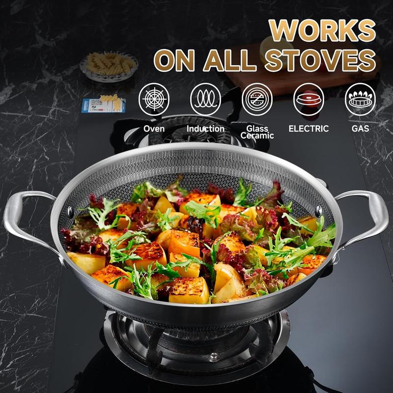 2026 Newest Edition 13 Inch New Hybrid Tri-Ply Stainless Steel Wok Pan with Lid,Ceramic Non Stick Stir-Fry Pans,Induction Cooking Pot,Dishwasher and Oven Safe.