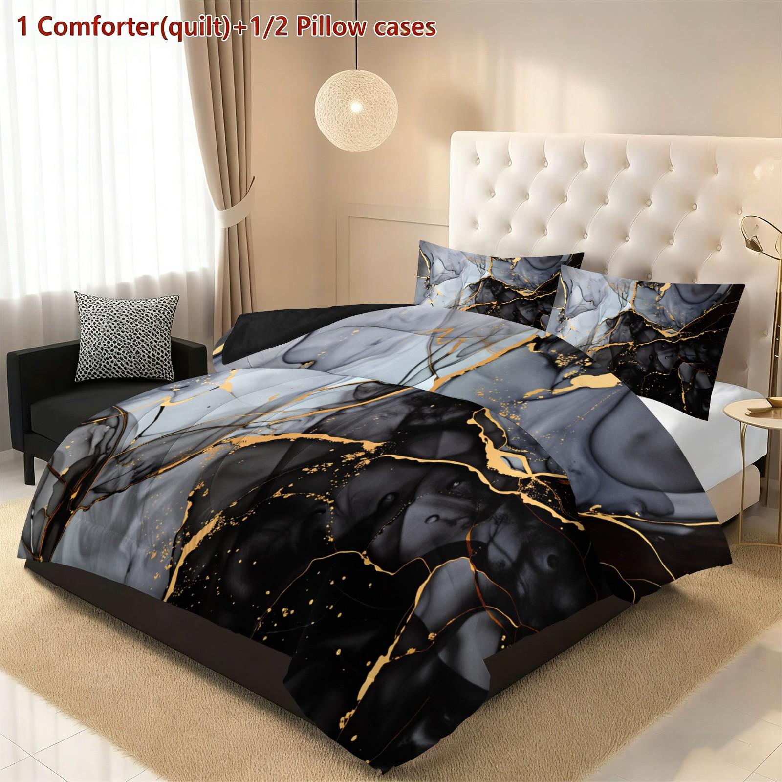 3-Piece Marble Pattern Bedding Set - Soft, Lightweight, Breathable Bedding with 200gcm Quilted Filler, Includes 1 Quilt and 2 Pillowcases (excluding pillow core) Suitable for bedroom and dormitory exclusive decoration for teenagers and adults