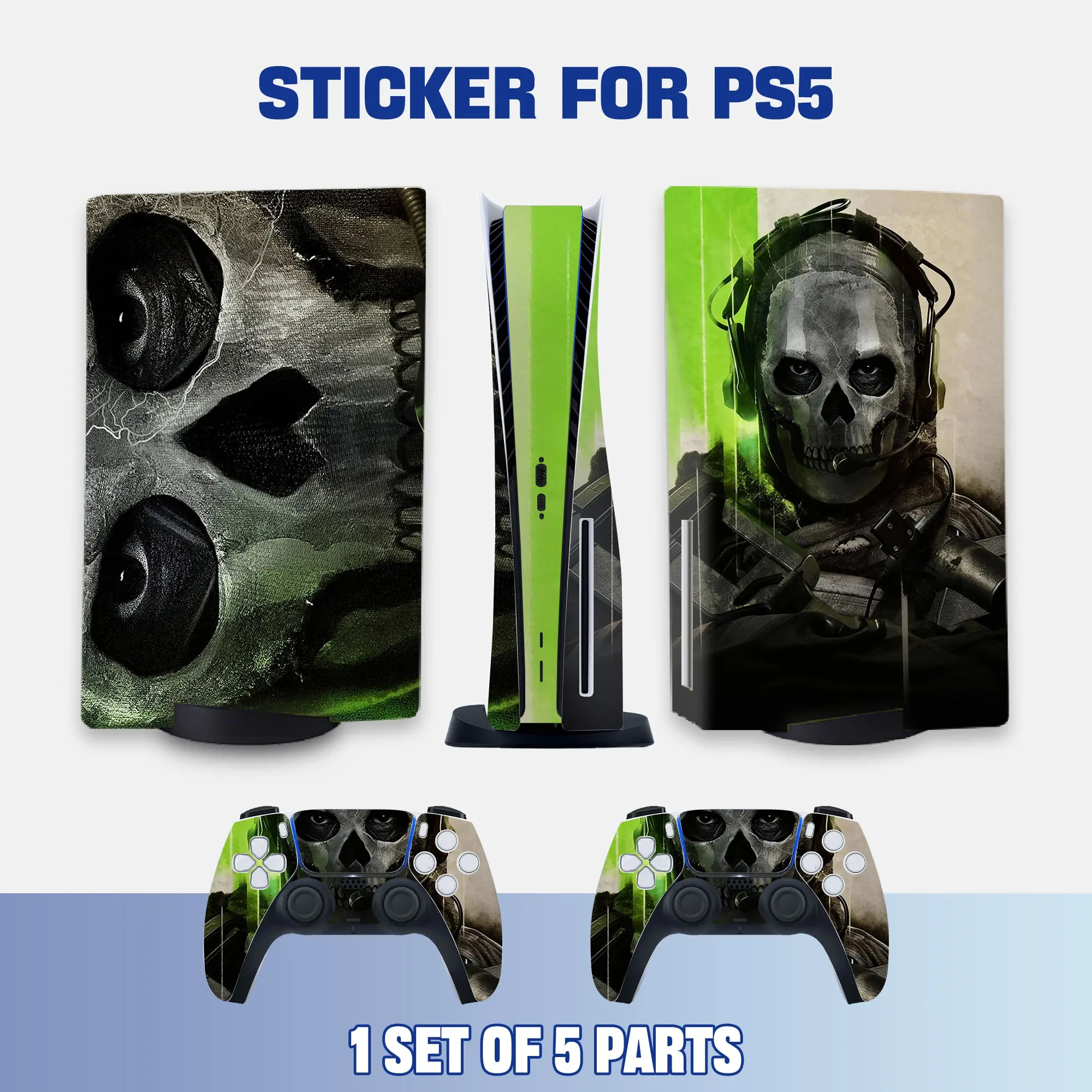 Green Grey Tactical Skull Art PS5 Disc Edition Vinyl Skin Sticker for Console & Controllers, Waterproof, Scratch-Resistant, Dustproof, Removable & No Residue