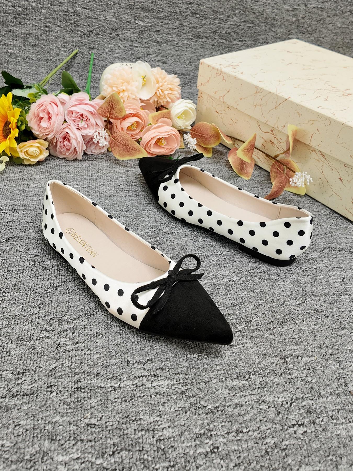 Elegant Polka Dot Colorblock Pointed Toe Shoes, Bow Soft Sole Low Heel Flats, Professional Office Women's Shoes