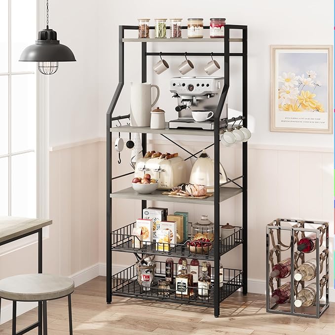 Kitchen Bakers Rack, Microwave Oven Stand with 2 Large Wire Basket, Industrial Coffee Bar Station, 5-Tier Kitchen Utility Storage Shelf with 8 Hooks for Spice, Pots Organizer