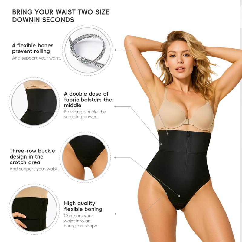 QOU High-Waisted Body Sculpting Thong Shapewear with Stainless Steel Bones for Tummy Control and Instant Waist Reduction Women's Basic Minimalist,Womenswear