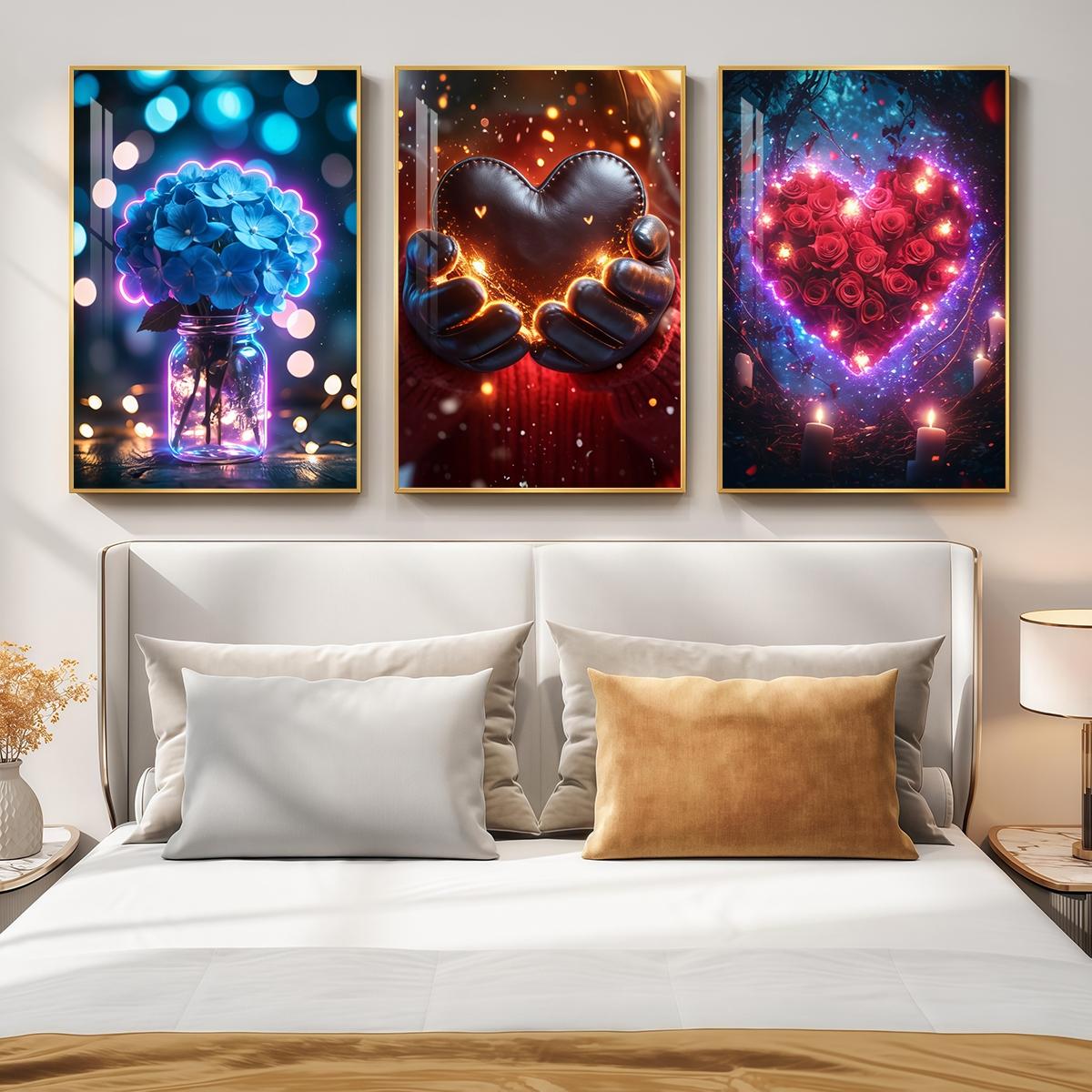 3 Counts Aluminum Alloy Framed Painting, Romantic Roses Hearts And Flowers Pictures, Home Decoration For Living Room, Bedroom, Office, Restaurant, Hallway Wall Decor, Odorless Print Artwork, Luxury Perfect Gift For Friends And Family