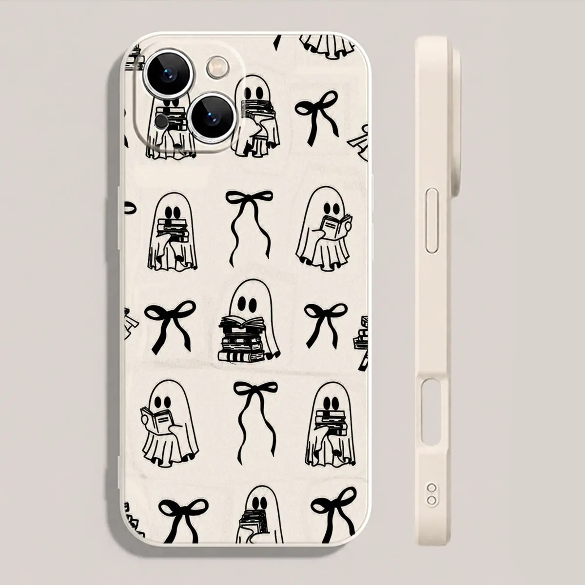 Minimal Ghost Reading Book Phone Case Gothic Halloween Dark Academia Bow Spooky Kawaii Design for iPhone 18 17 16 15 14 13 12 11 X Plus Pro Max