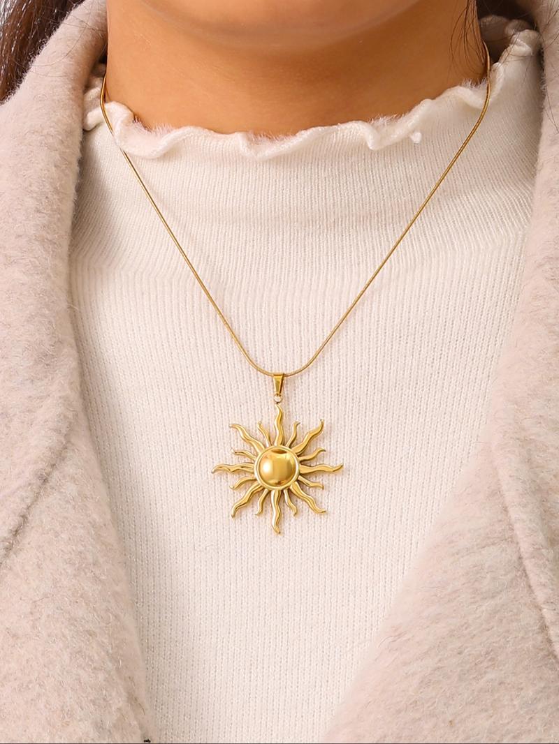 Stainless Steel Sun Pendant Necklace, Fashionable Chain, Elegant Rhinestone Design, Perfect for Daily Wear