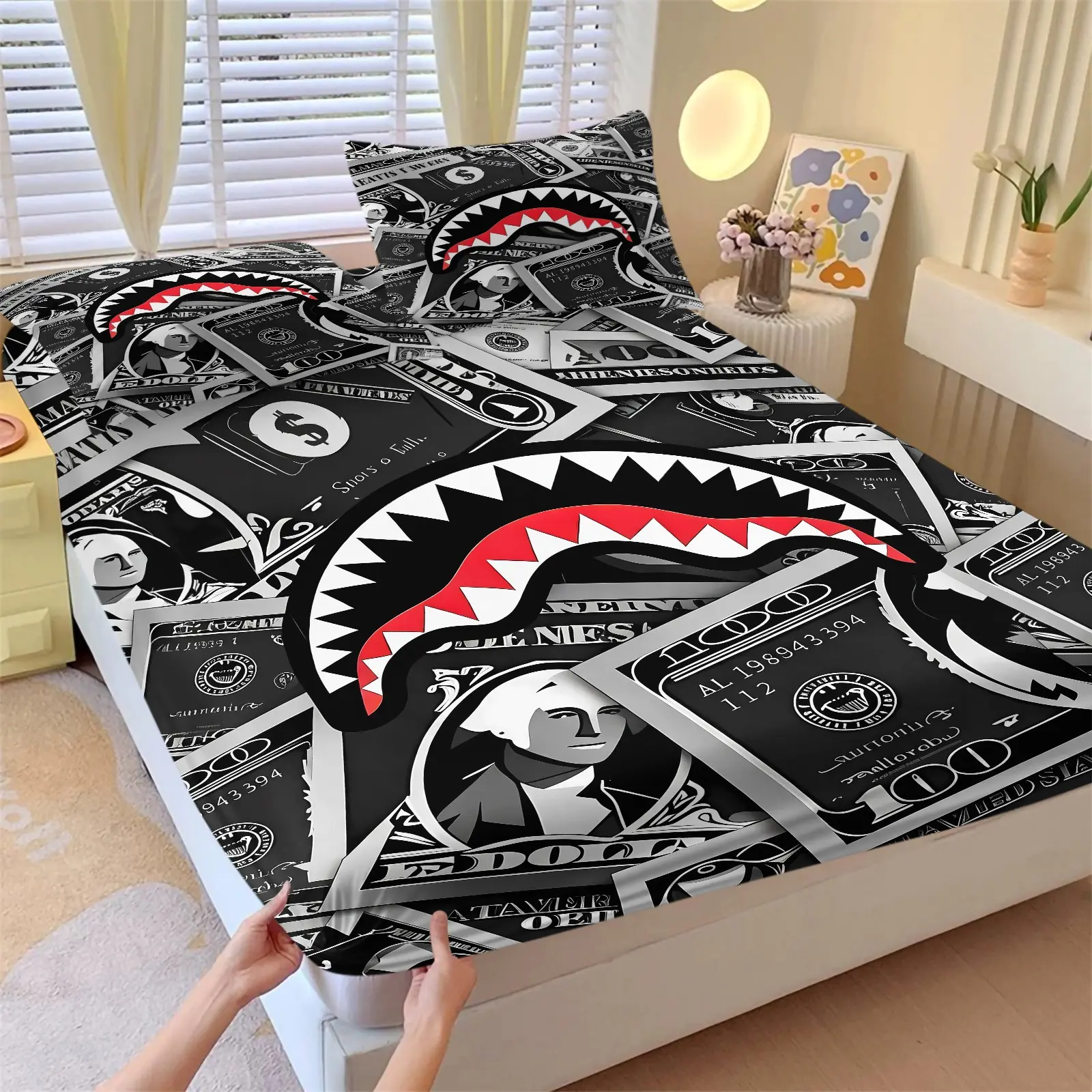Trendy Streetwear Black Silver Shark Mouth Cash Print Fitted Sheet Set (1 Fitted Sheet + 2 Pillowcases), Soft Breathable Fabric, All-Around Elastic Deep Pocket Mattress Protector, Hip Hop Money Pattern Bedding, Teen Gamer Room Decor Gift