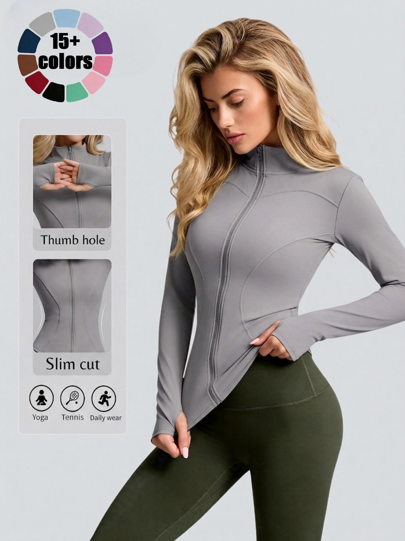 Women High Stretch Stand Collar Thumbhole Fitness Top, Breathable Running Slim Yoga Shirt, Long Sleeve Tight Workout Jacket, Workout Wear