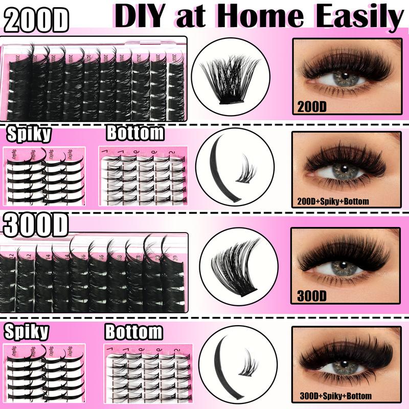 4 Styles Eyelash Cluster Kit Bottom/Spiky/200D/300D Volume Lash Clusters Kit 5-20mm 420Pcs Volume D-Curly Eyelash Glue Extension Eyelash Extensions Kit with Lash Bond and Seal Tweezers Remover DIY at Home Easily