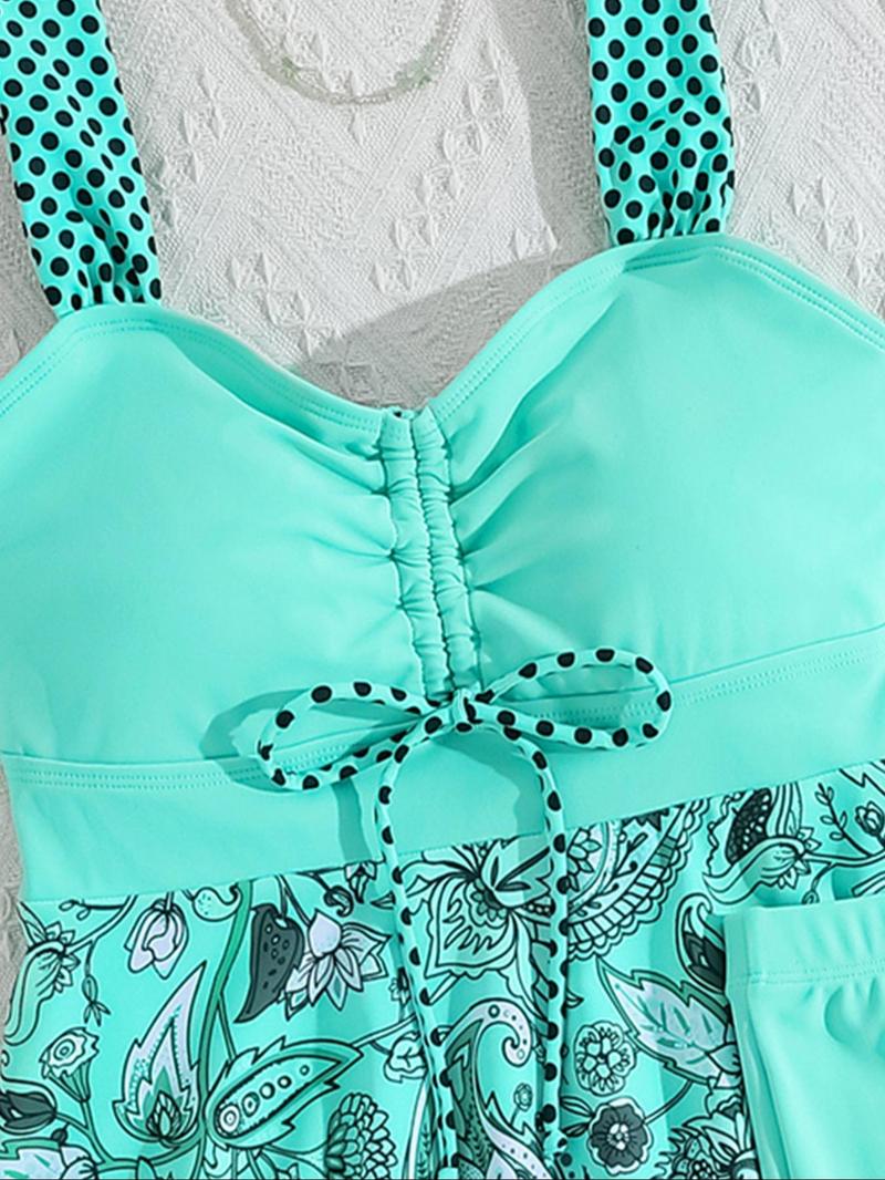 New Women's Sexy Printed Skirt Style V Neck Tankini Swimsuit Set, Floral Knitted Design for All Seasons, Tight-Fitting Swimwear for Women