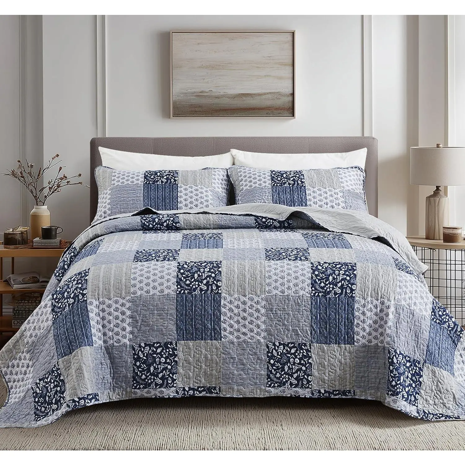 Navy Blue Gray  Size Quilt Set, 3 count Quilted Bedspread Set Patchwork  Bedding Comforter Set Reversible Lightweight Microfiber Bed Spread Coverlet Set for  Seasons