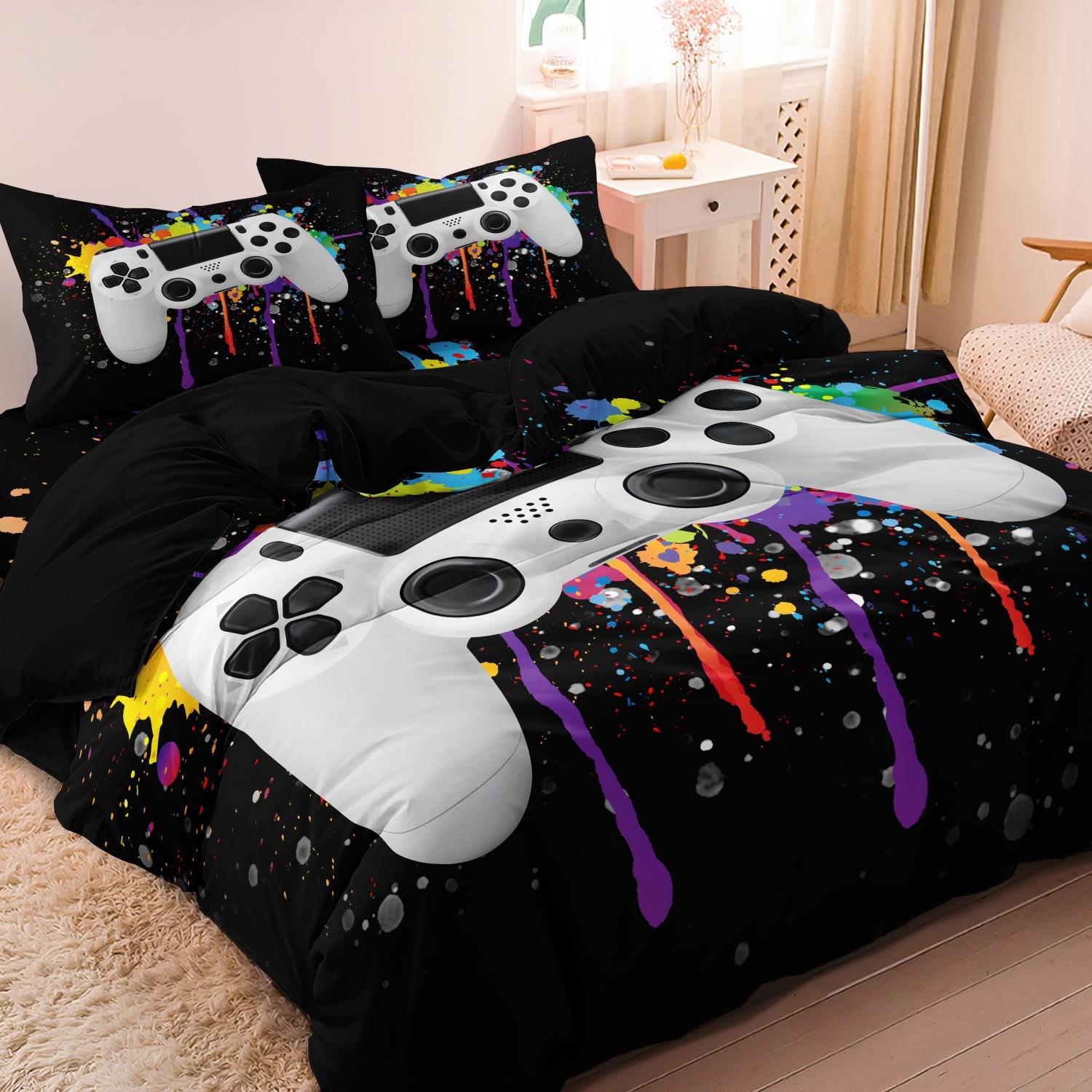 Video Game Controller Mouse Keyboard Headphone Pattern - Modern Fashionable Cool Gamepad Print - Boys Youth Gaming Equipment Bedding Set - 3pcs Duvet Cover Set (1Duvet cover+2Pillowcase ，No quilt)