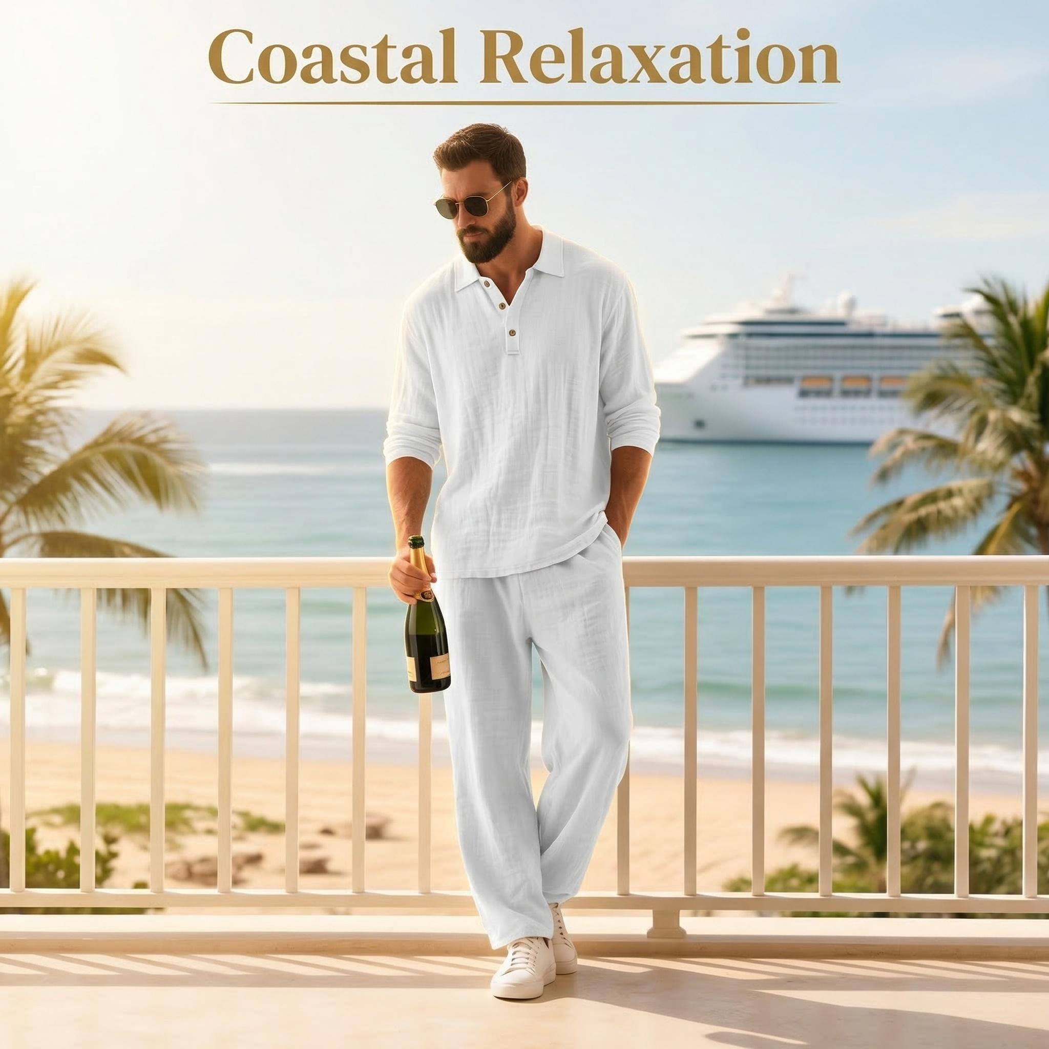 Men's Linen Polo Shirt & Pants Set, Classic Casual Loose-Fit Long Sleeve Top, Spring & Fall Woven Fabric for Daily Wear