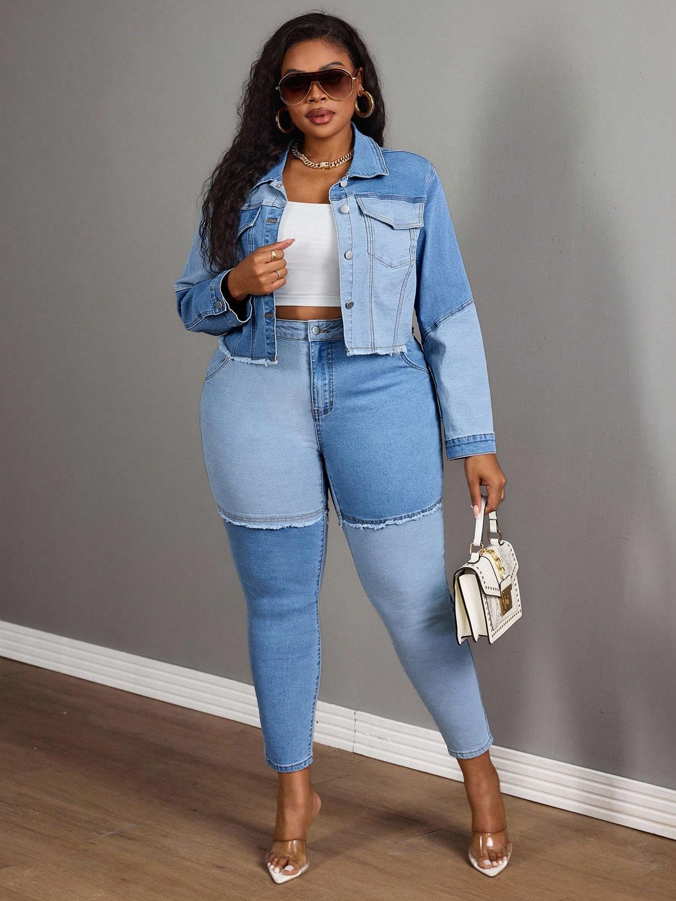 Plus Size Women's Colorblock Washed Denim Long Sleeve Jacket, Casual Fashion Outerwear, Lady Womenswear, Comfortable and Stylish, Perfect for Daily Wear