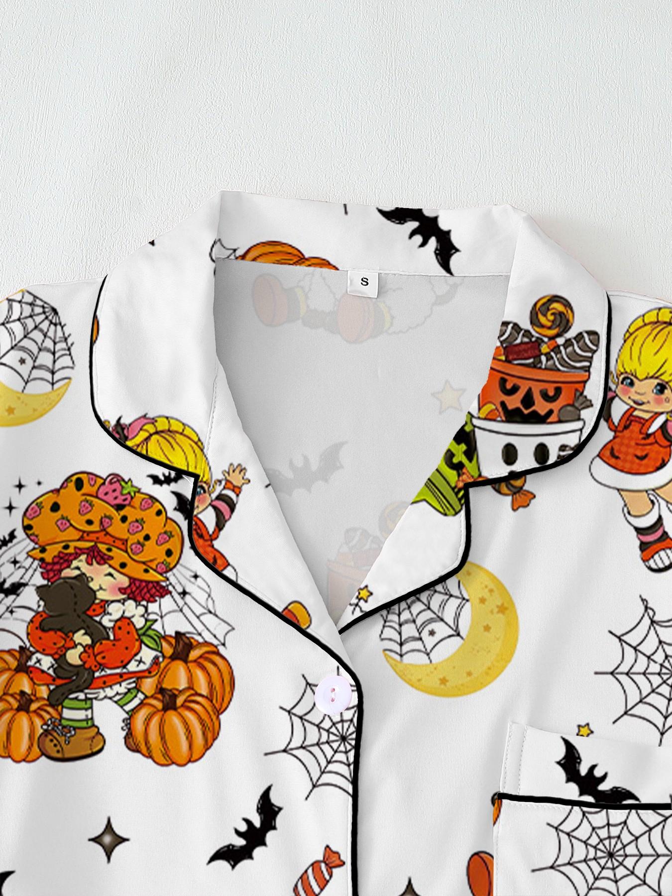 【Halloween】Retro Strawberry Girl Halloween Collared Pajama Set | Cute 80s Nostalgic Cartoon & Pumpkin Print Sleepwear | Soft Short Sleeve Button Down Lounge Outfit | Fun Summeroween 2-Piece PJs with Black Piping Pj Sets