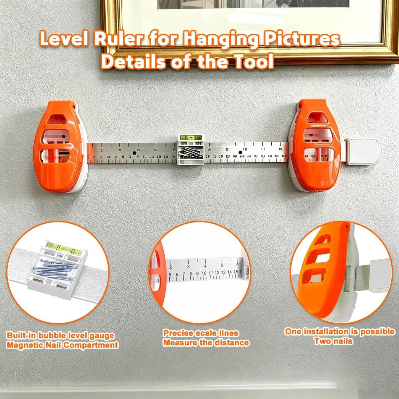 Picture Hanging Tool with Level, Precision Marking,Alignment Ruler for Photo Frames, Wall Decor, Mirrors, ABS Wall Friendly DIY Hanger