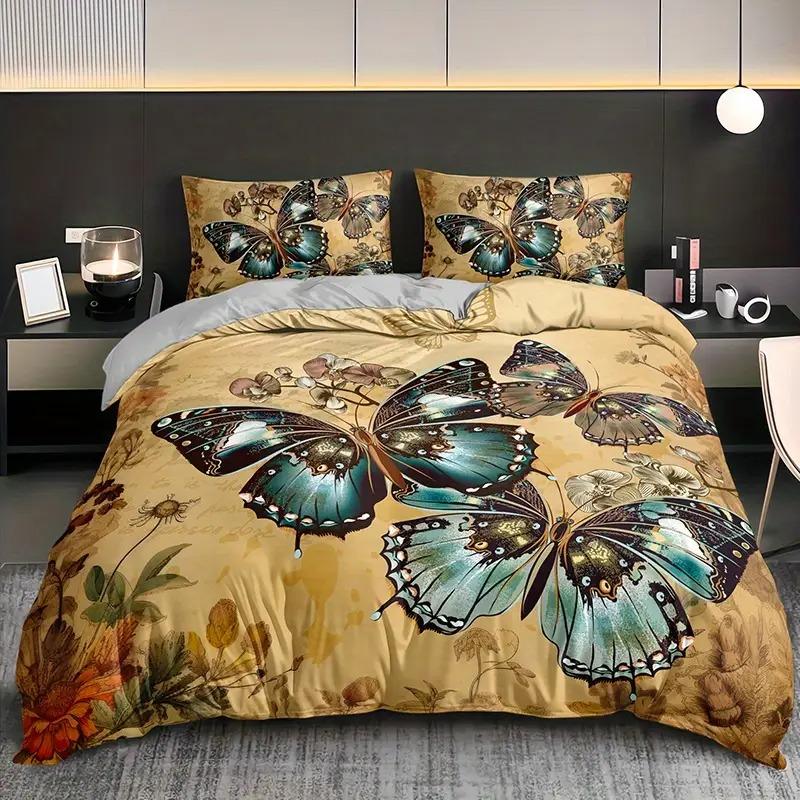 3pcs Butterfly Couple Pattern Print Blanket Set, Soft Polyester Fabric, Zipper Design, Modern Style Bedding Essentials