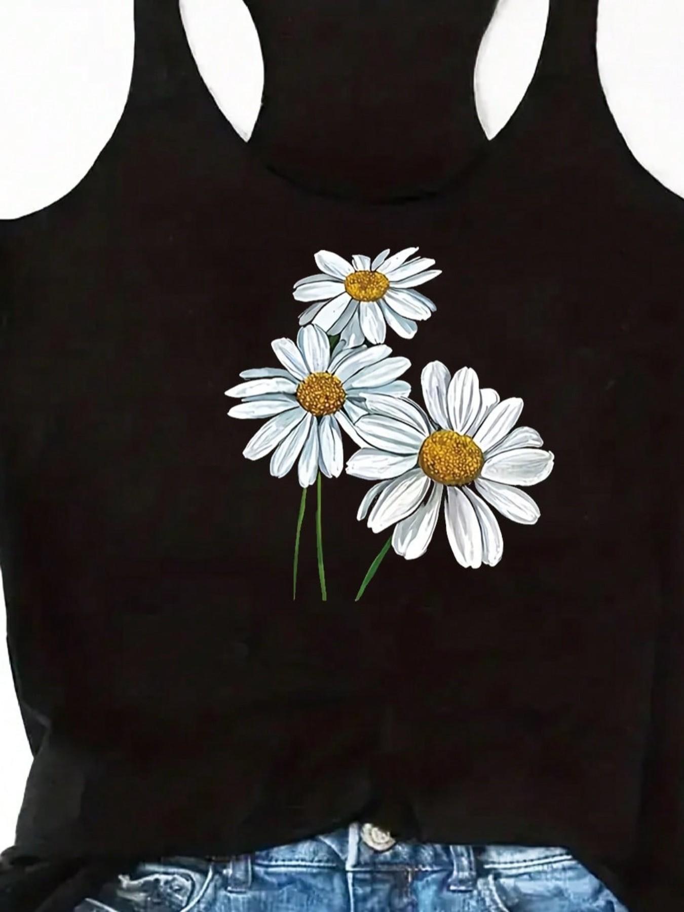 Women's Daisy Print Round Neck Sleeveless Top, Casual Fitted Tank Top, Letter Pattern, No Button, Non-Full Placket, Without Zipper