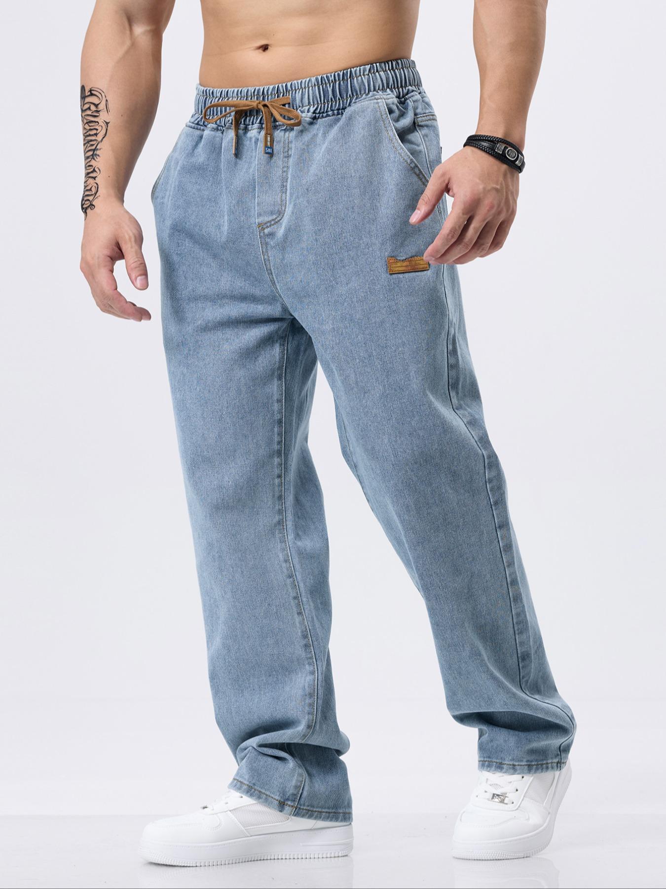 Men's Drawstring Elastic Waist Jeans, Washed Vintage Straight Leg Plain Denim Jeans, Comfortable Fitted Style, Casual Daily Wear Men's Drawstring Elastic Waist Jeans, Washed Vintage Straight Leg Plain Denim Jeans, Comfortable Fitted Style, Casual Daily Wear