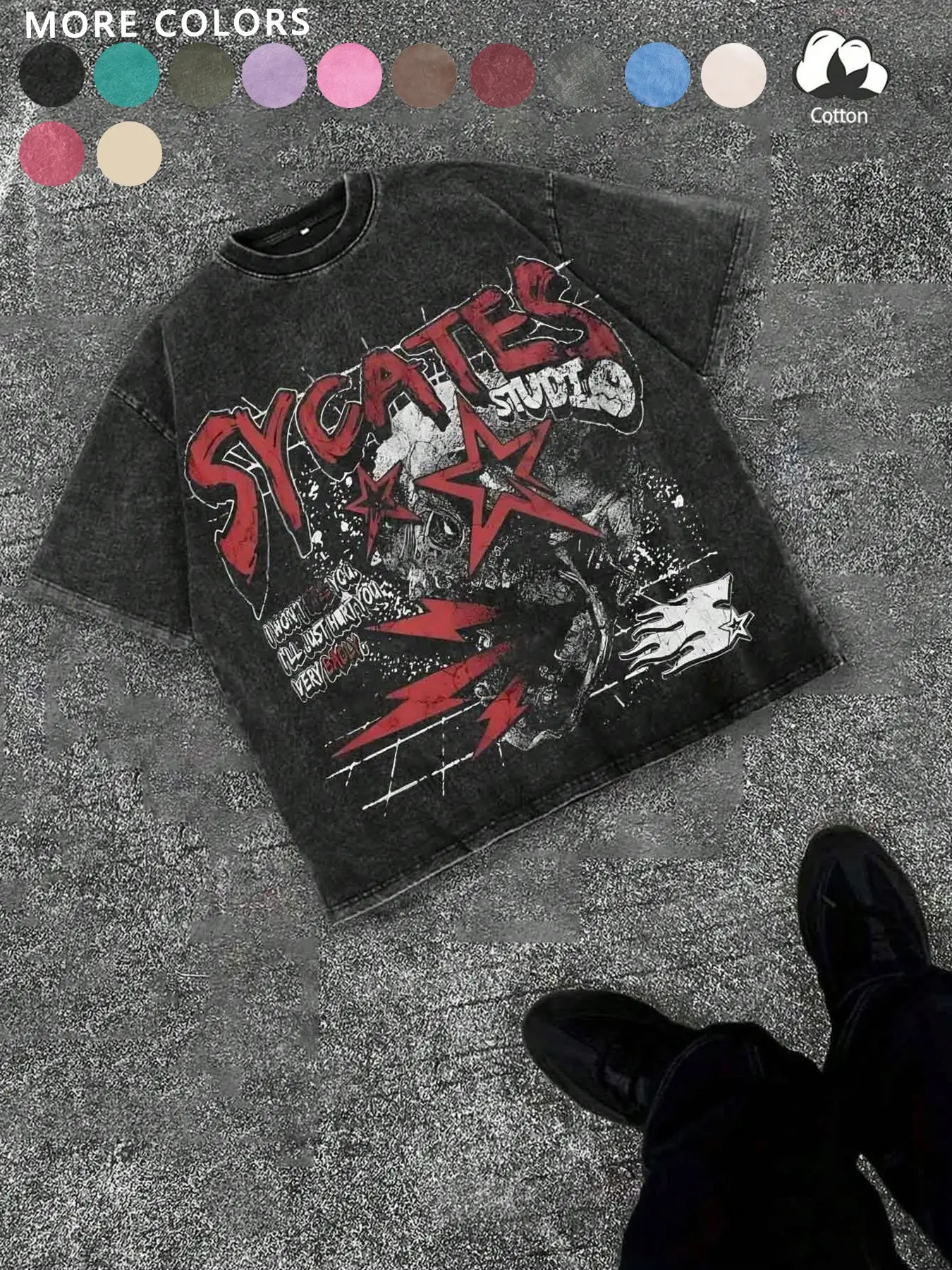 Unisex Street Style Sycates Letter & Skull Print Cotton Round Neck T-Shirt, Casual Y2K Fashion, High Street Culture,Suitable for streetwear, subculture fashion, Y2K style, high-street fashion, couple outfits