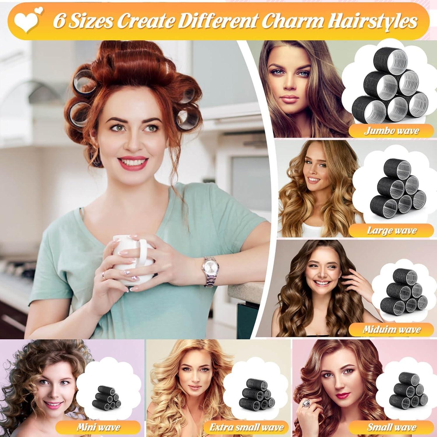 61-Piece Curling Iron Set, Self-Adhesive Curlers with Clips, 6 Sizes, Heat-Free, for Long, Medium, Short Hair, Includes Stainless Steel Clips