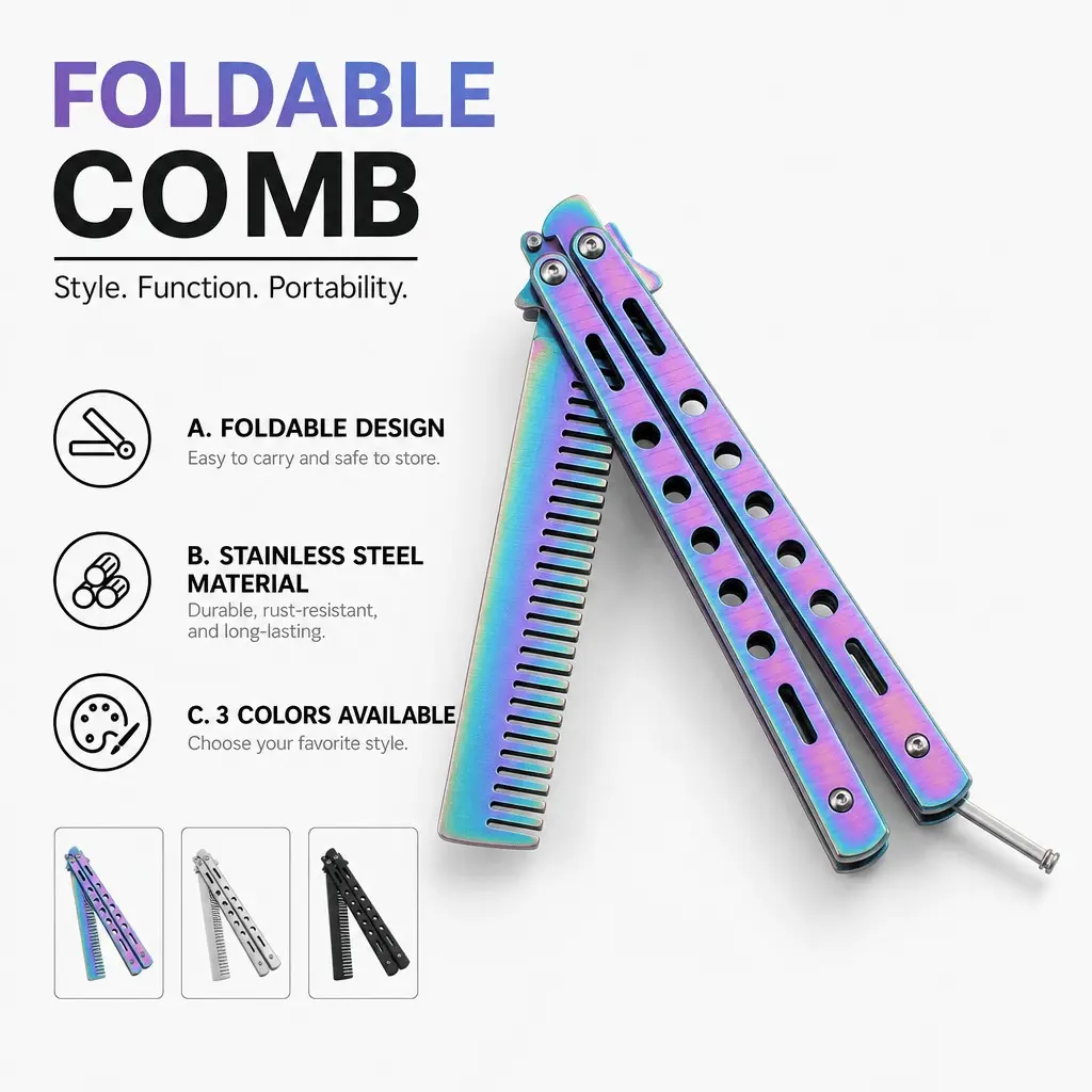 Foldable Stainless Steel Barber Practice Comb, Anti-Static Anti-Snag Hair Styling Tool, Portable Folding Metal Comb with Safety Round Tips, Rounded Teeth, Non-Slip Rust-Proof Durable for Vintage Slick Back, Beginner & Outdoor Camping