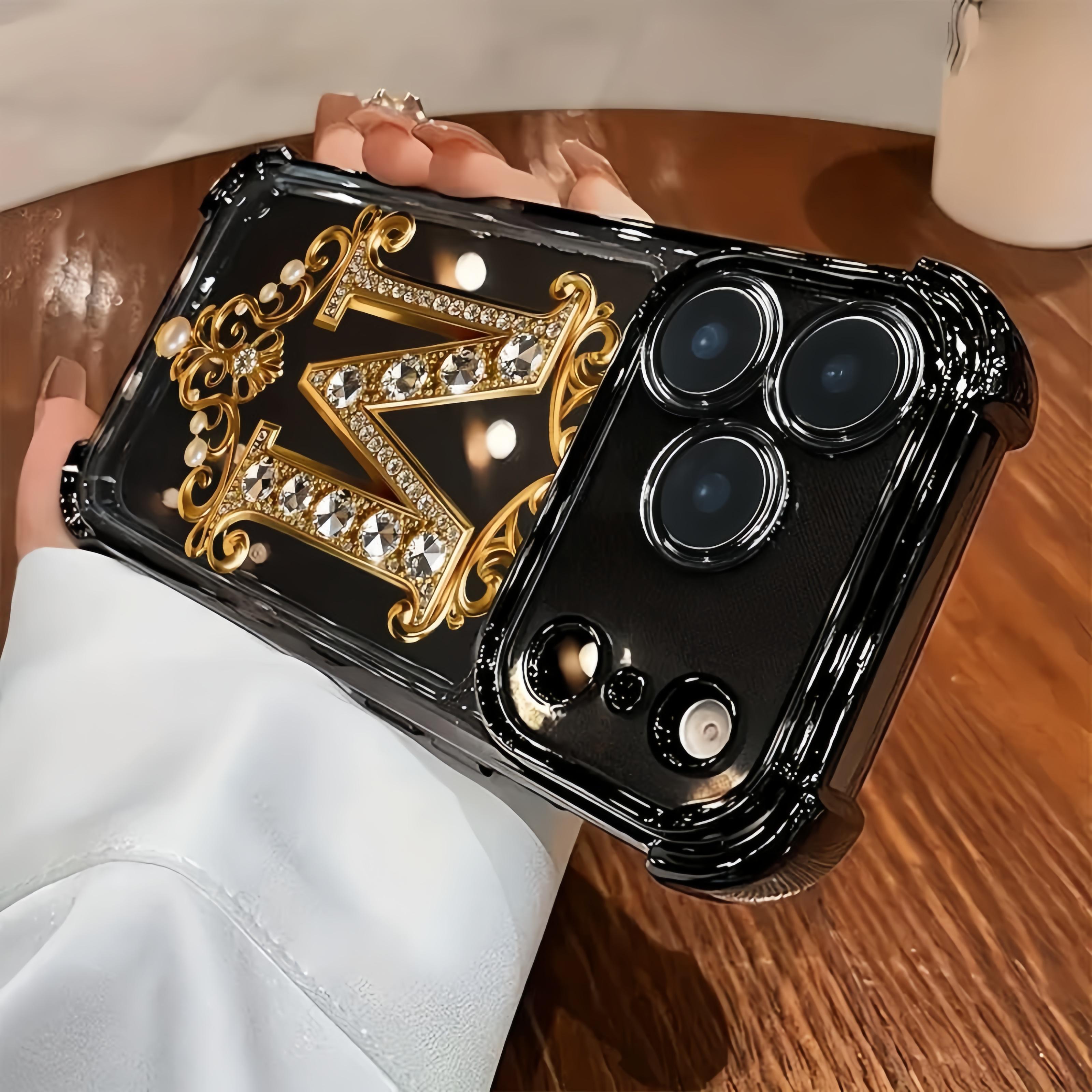 TPU Full-Coverage Lens Protective Cellphone Casing - Luxury Diamond & Gold "M" Design, Shockproof, Non-Slip, Multi-Model for iPhone 17,16,15,14,13,12,11,XS,X Series, Handheld Phone Accessory, Ideal Gift
