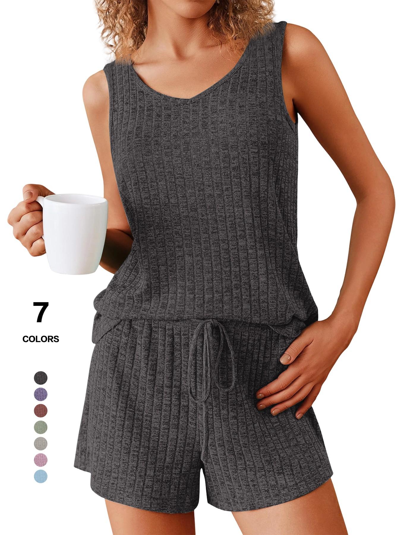 Women's 2-Piece Sleeveless Summer Pajamas Set, Ribbed Knit Tank & Shorts, Casual Fitted Elastic Design, Solid Color Loungewear