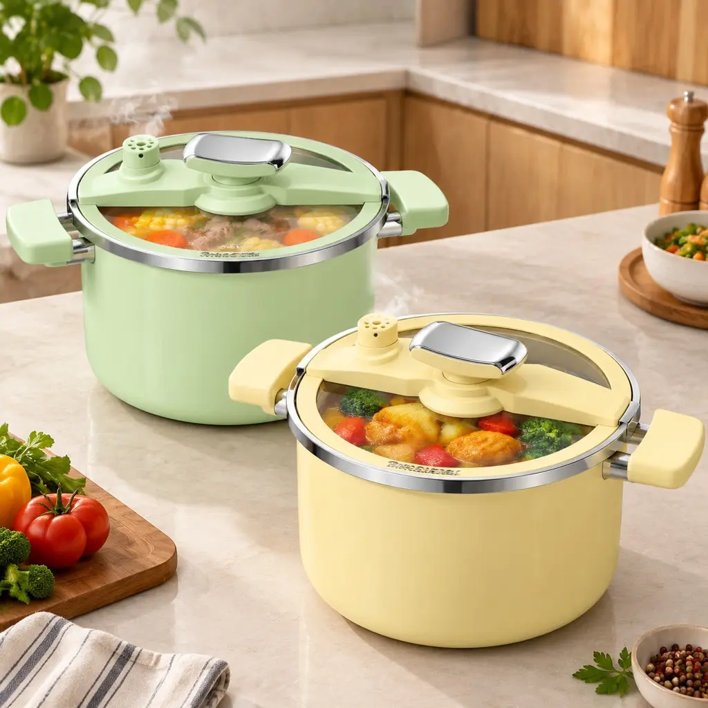 26cm Enamel Pressure Cooker with Glass Lid, Multi-Use Soup Meat Pot, Cream Yellow Mint Green, High Aesthetic Kitchenware