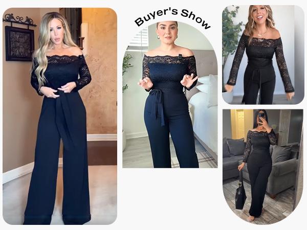 ChicMe Women's 2026 Off Shoulder Long Sleeve Eyelash Lace Patch Slim Fit Jumpsuit Tied Detail Casual Overalls Elegant Black Fitted Piece
