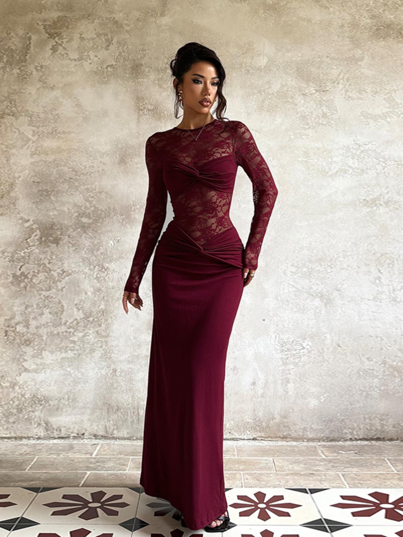 Women's Fall Winter New Long Sleeve Lace Dress, Elegant Fashion Design, Perfect for Casual & Formal Occasions, Stylish Women's Clothing