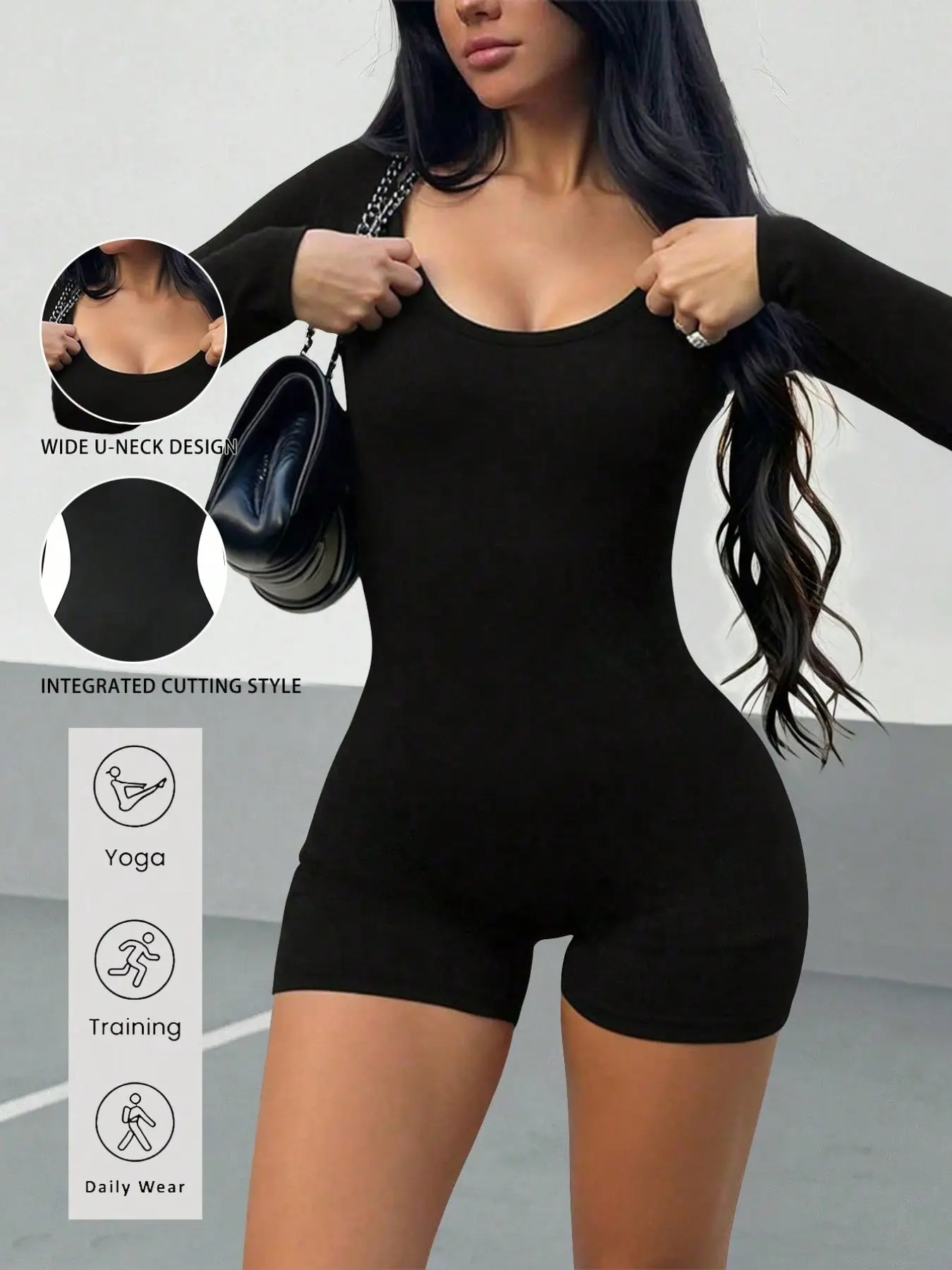 Women's Bodycon Jumpsuit, Casual Fashion U-Neck, Slim-Fit, Long Sleeve, Y2K Style, Perfect for Everyday, Parties, Outdoor, Fall & Spring, Comfortable Knit