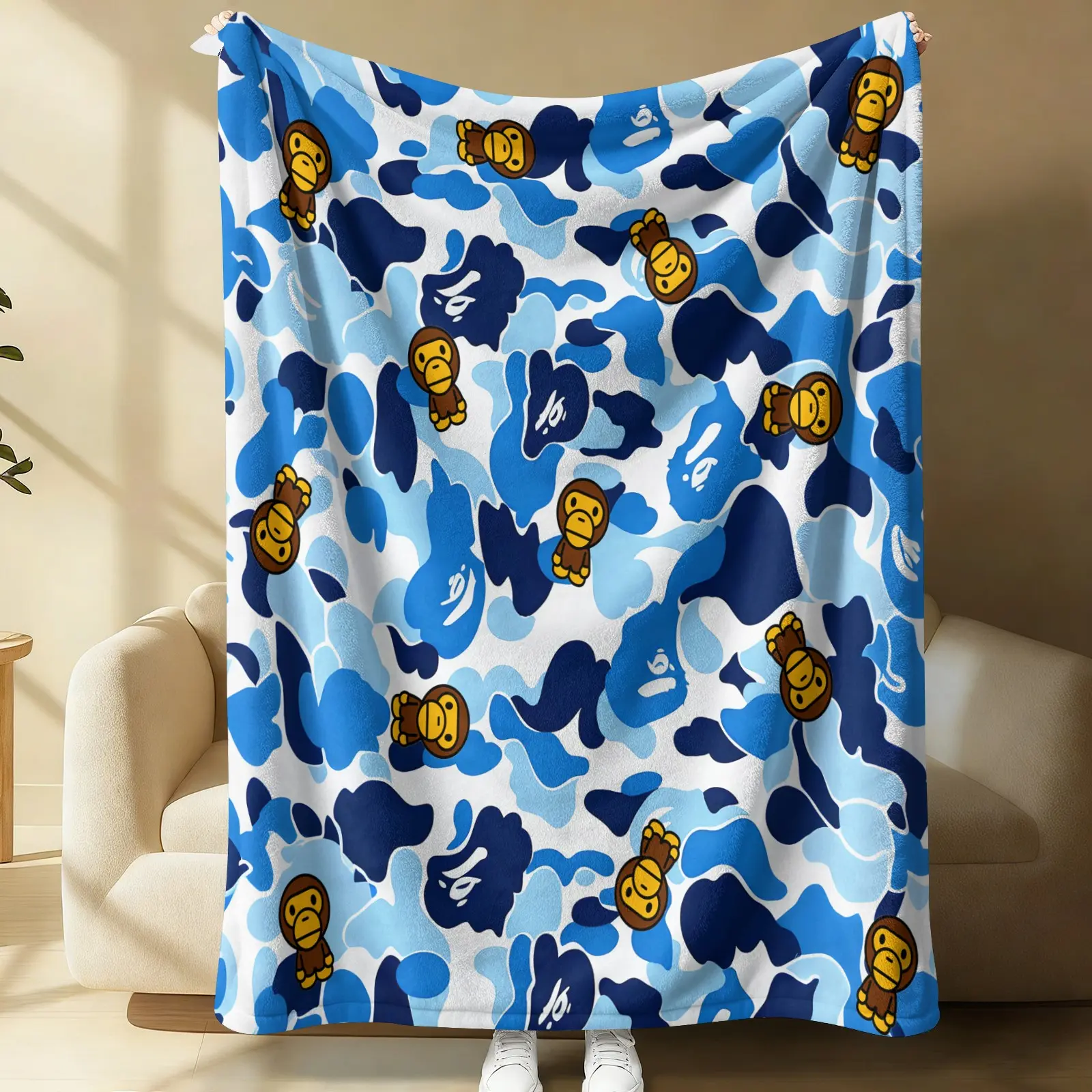 Ape Streetwear Blue Camo Baby Monkey Print Throw Blanket, Urban Camouflage Cool Warm Blanket for Teen Boys, Soft Trendy Street Fashion Gift Blanket, Cozy for Couch Bed Sofa Dorm