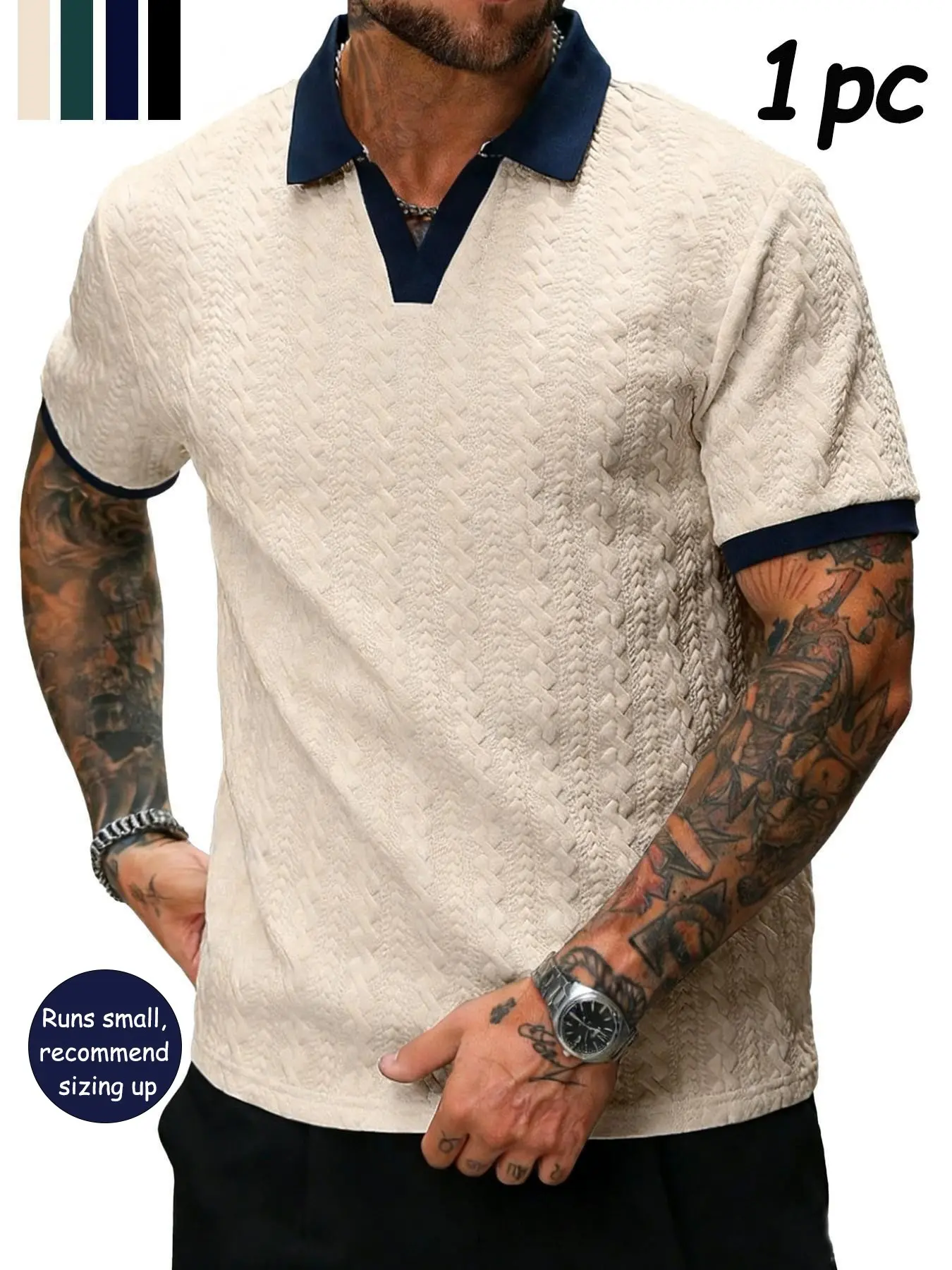 Men's Retro Colorblock Premium Fitted Polo Shirt, Textured V Neck Short Sleeve Top, Casual Street Style, Summer Fashion, Fitted Leisurewear, Casual Polo Shirts