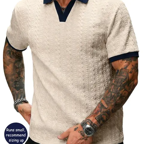Men's Retro Colorblock Premium Fitted Polo Shirt, Textured V Neck Short Sleeve Top, Casual Street Style, Summer Fashion, Fitted Leisurewear, Casual Polo Shirts