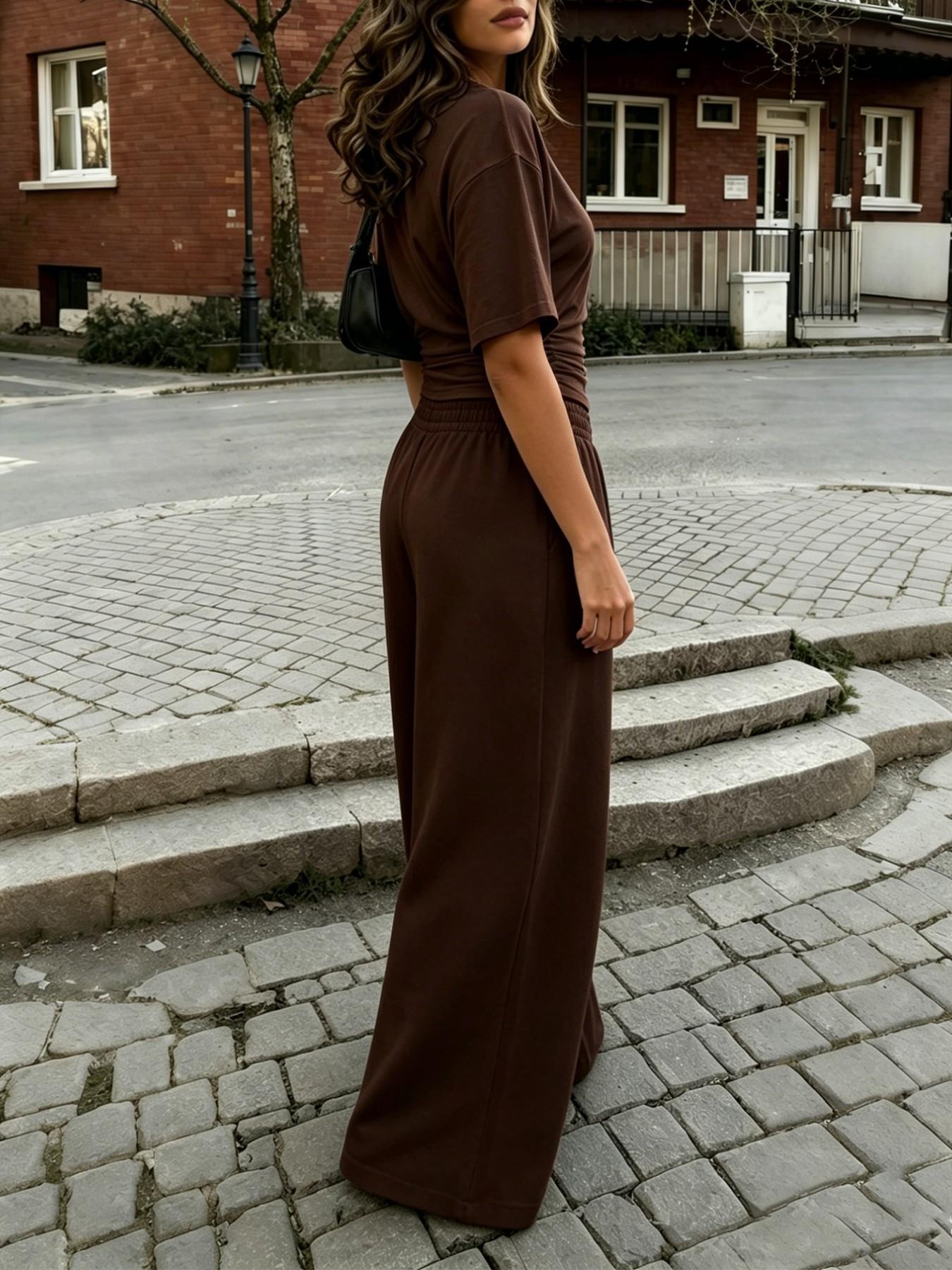 Women's Two-Piece Set, Casual Everyday Summer, Basic Solid Plain Minimalist Slim-Fit T-Shirt and Long Pants, Mid-Waist, Short Sleeve, All Seasons, Womenswear Top, Clothes, Bottom