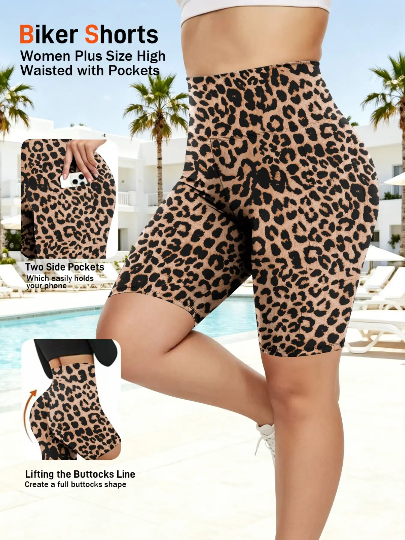 Plus Size Leopard Print Biker Shorts with Pockets, High Waisted Butt Lifting Yoga Shorts for Women, Tummy Control Fitness Workout Shorts, High Stretch Shorts, Fashionable Summer Shorts, Workout Exercise Shorts