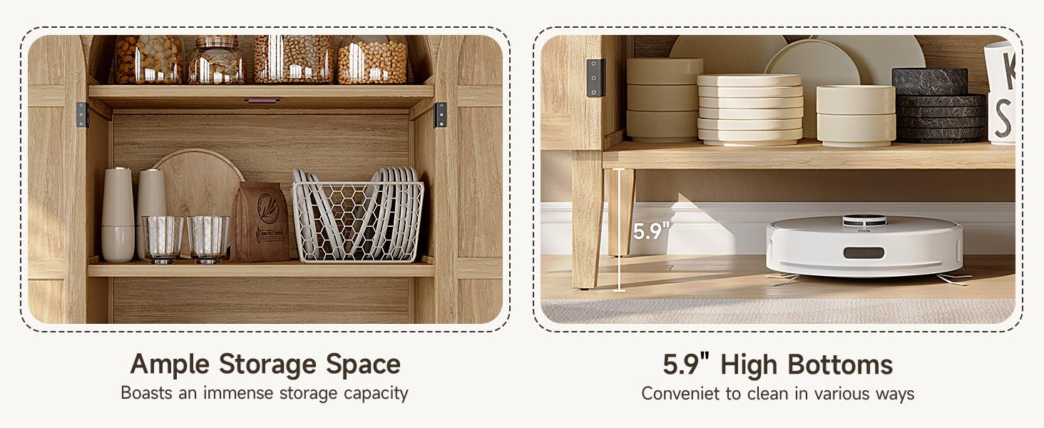 【SPOTLIGHT DAY】ONBRILL 71" Tall Arched Cabinet, 5-Tier Arched Kitchen Pantry with Glass Doors & Drawer, Modern Display Pantry Cabinets with Adjustable Feet, Wooden Pantry for Kitchen, Living Room Furniture, Dining Room Furniture